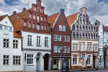 Street with historical houses in Luneburg downtown, Germanyの写真素材