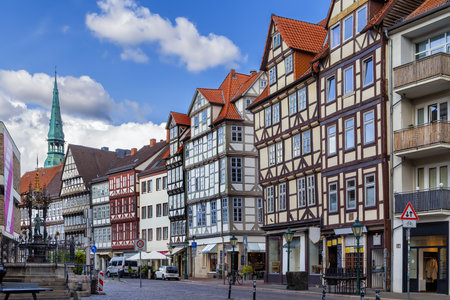 Street with Half-timbered houses in Hanover historical center, Germanyの写真素材