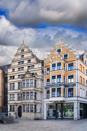 Street with Leibniz House in Hanover historical center, Germanyの写真素材