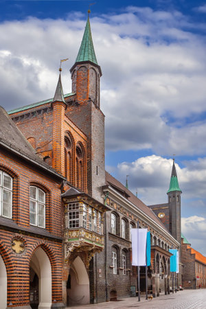 Renaissance bay window on Lubeck town hall, Germanyの写真素材