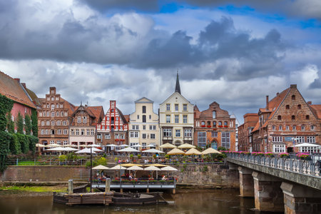 Ilmenau River embankment in Luneburg city center, Germanyの写真素材