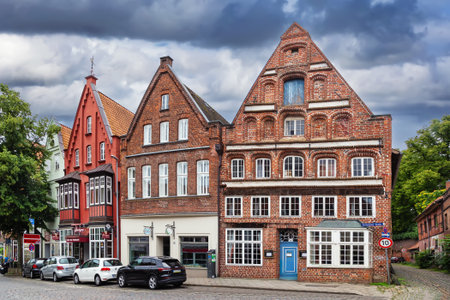 Street with historical houses in Luneburg city center, Germanyの写真素材