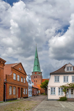 Street with historical houses in Lubeck district of Travemunde, Germany