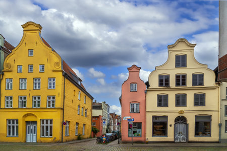 Street with historical houses in Lubeck old town, Germanyの写真素材