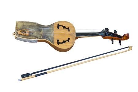 Kazakh folk musical instrument kobyz, prima ballerina with bow isolated on white background