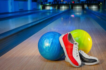 shoes and balls for bowling gameの写真素材