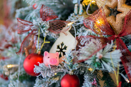 The little pink toy pig sits on a Christmas treeの写真素材