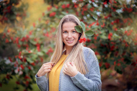 A young blonde girl in a gray knitted sweater walks in the autumn park and looks at red berriesの写真素材