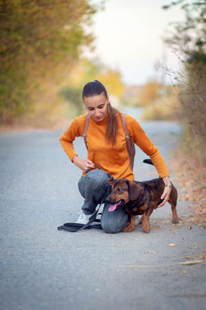 Young woman in orange turtleneck and jeans walks and hugs the dogの写真素材