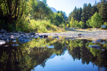 Beautiful summer mountain landscape is reflected in the water. Green forest on planet earth.の写真素材