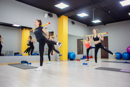 Young women are engaged in fitness in the gym. Women doing stick exercises in group sports. Healthy...