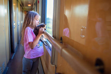 A girl is riding in a compartment carriage with a kitten. Traveling with animals by train. A child with a cat looks out the window on a trainの写真素材