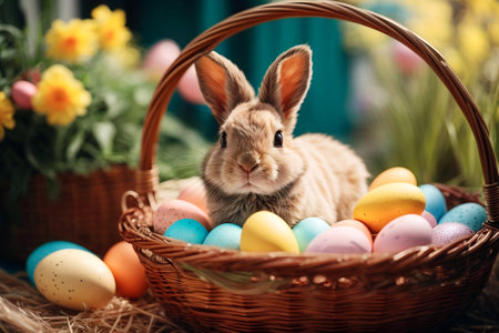 Cute Easter bunny sitting in a basket with colorful eggs. Bright Easter Cardの素材