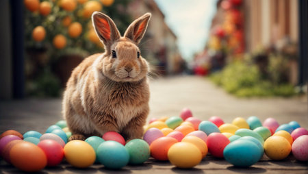 Cute Easter bunny sitting outdoors among scattered colorful eggsの素材