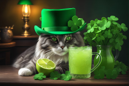 A gorgeous gray cat in an Irish green hat lies on a table with lemonade and a bouquet of clover. St. Patrick's Day Still Lifeの素材