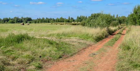 Dirt road along the collective farm fieldの写真素材