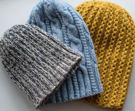 Knitted hats made of woolの写真素材