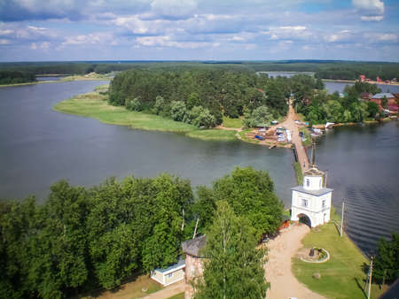 Expanses of the Russian river Volga from the bell tower of the monasteryの写真素材