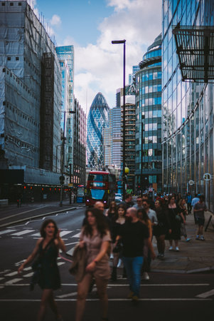 Bustling City Street Scene with Iconic Architecture and Double Decker Bus in Urban London