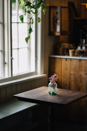 Cozy Rustic Interior with Vintage Wooden Table and Glass Vase of Pink Wildflowers by Sunlit Window