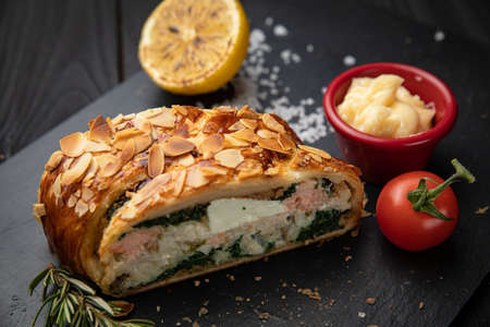 french pie with salmon and cheeseの写真素材