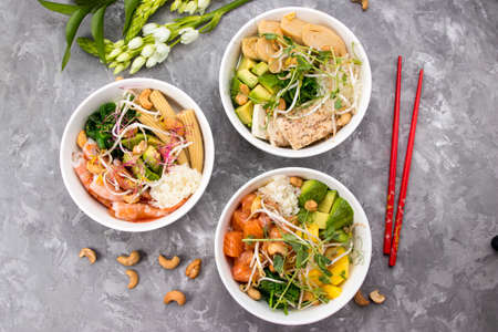 Traditional Hawaiian cuisine - poke on a gray backgroundの写真素材