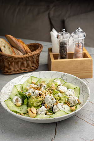 Cucumber salad with feta cheese, olives and nutsの写真素材