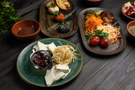Different types of appetizers and snacks on a black wooden background.の写真素材