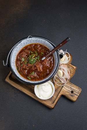 Traditional Ukrainian borscht with sour creamの写真素材