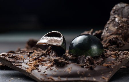 Broken chocolate pieces on a black background. Selective focus.の写真素材