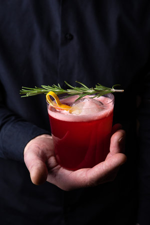 Cocktail with rosemary and lemon in the hands of the bartenderの写真素材