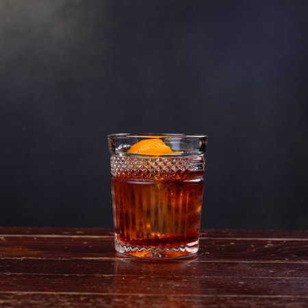 Glass of whiskey with ice and orange on a wooden table. Black background.の写真素材