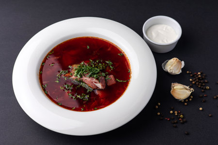 Traditional Ukrainian borscht with meat and herbs on a black backgroundの写真素材