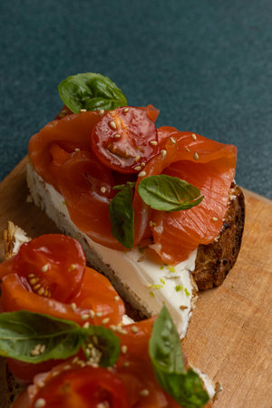 Bruschetta with salmon, mozzarella cheese and tomatoesの写真素材