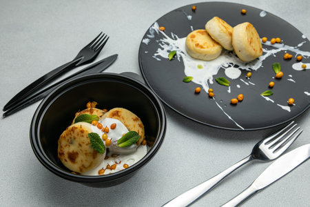 Fried pancakes with sour cream in a black plate on a gray background