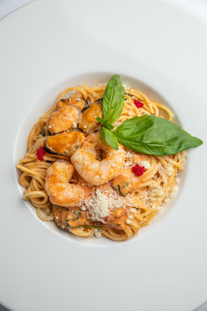 spaghetti with seafood on a white plate in a restaurant, italian cuisineの写真素材