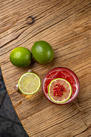 Cocktail with lime and pomegranate on wooden backgroundの写真素材