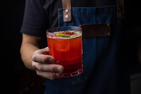cocktail in the hands of a barman on a dark background