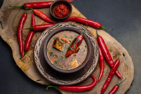 Traditional Indian masala chicken curry served in a bowl with red hot chili peppers