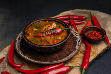 Traditional uzbek soup kharcho with meat and red chili peppers