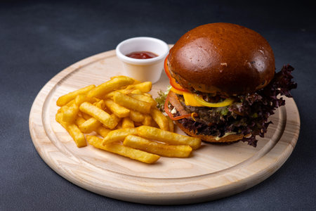 Hamburger with French fries and ketchup on a wooden boardの写真素材