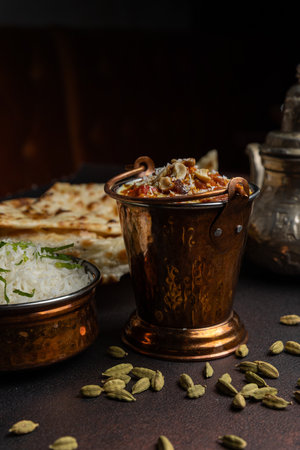 Indian masala curry with naan bread and coriander seeds