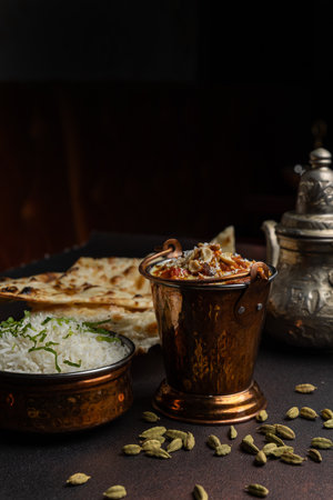 Traditional Indian masala with spices and rice. Dark background. Selective focus.