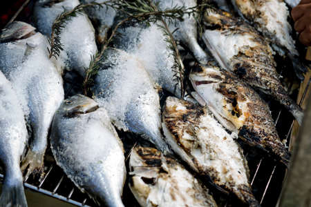 Making gourmet food. Fish and veggie ingredients, fish, grill, avocado.の写真素材
