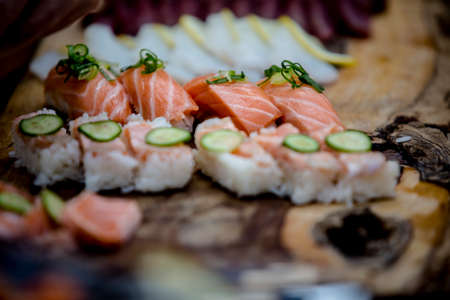 Making gourmet food. Fish and veggie ingredients, fish, grill, avocado.の写真素材