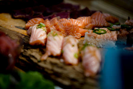 Making gourmet food. Fish and veggie ingredients, fish, grill, avocado.の写真素材
