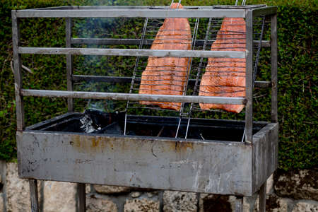 Making gourmet food. Fish and veggie ingredients, fish, grill, avocado.の写真素材