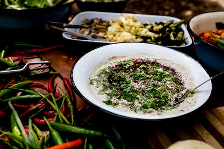 Variety of gourmet vegan food prepared and served. Only healthy Ingredients.の写真素材