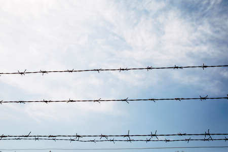 Razor wire fence in daylight view. International boarder between two countries.の写真素材