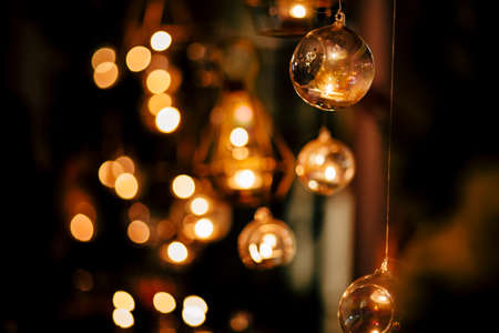 Luxury table settings for fine dining with and glassware, beautiful blurred  background. For events, weddings.  Preparation for holiday  Christmas and Hanukkah dinner night. props for weddings, birthdays, and celebrations.の写真素材